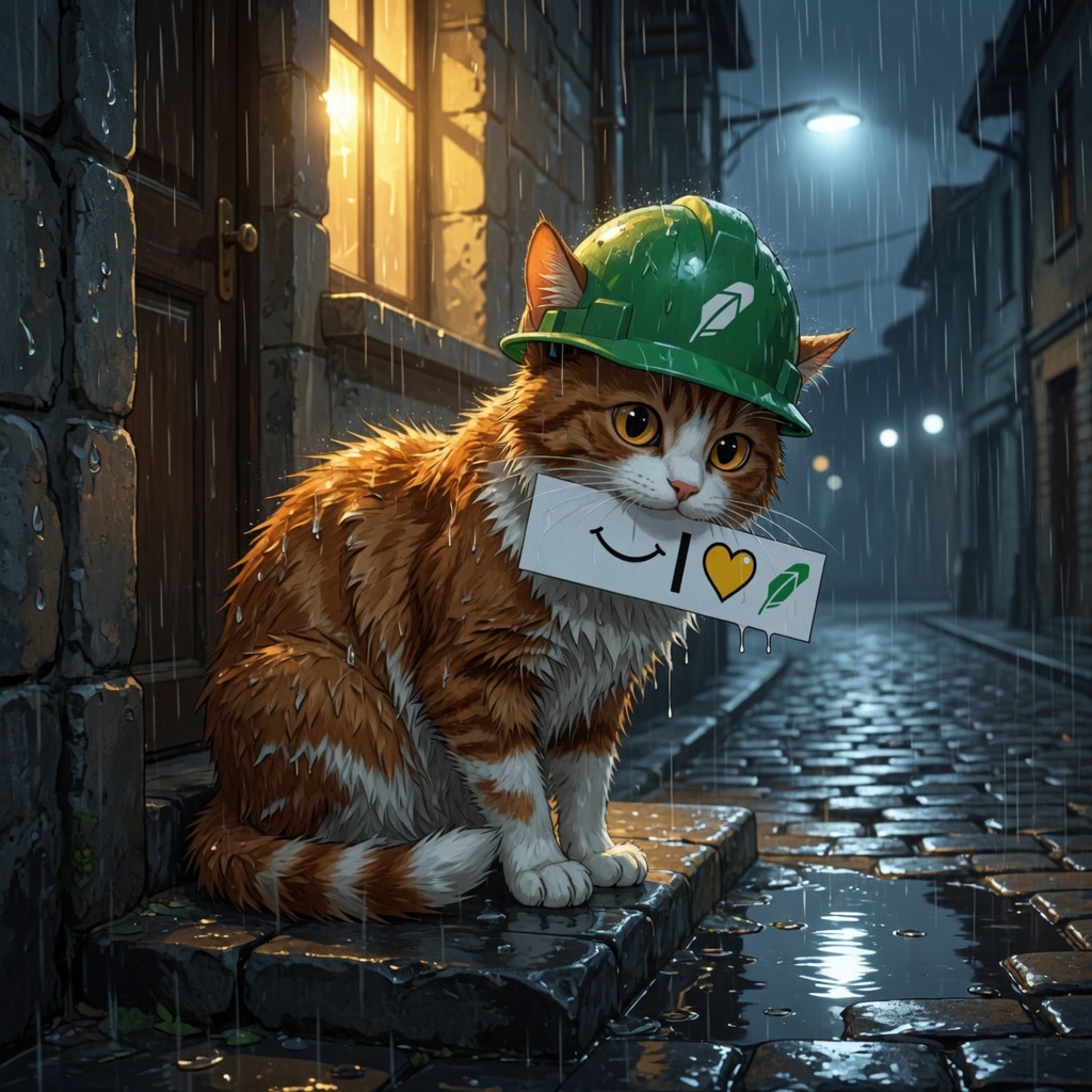 The project's orange-and-white cat waiting in the night rain, wearing a green hard hat